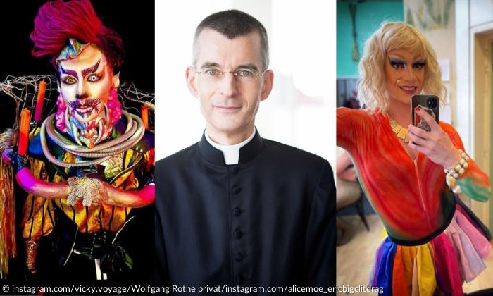 Drag King Eric BigClit, Priester Wolfgang Rothe und Drag Queen Vicky Voyage (v.l.n.r.)