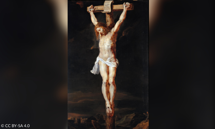Gemälde von Christus wie er am Kreuz hängt vor dunklem Nachthimmel