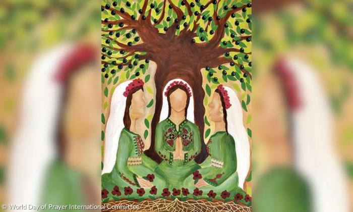 Gemälde: Drei Frauen sitzen unter einem Olivenbaum, in traditionell bestickten Kleidern, Mohnblüten im Haar, mit Schlüsseln als Schmuck, als Ohrringe und Halsketten