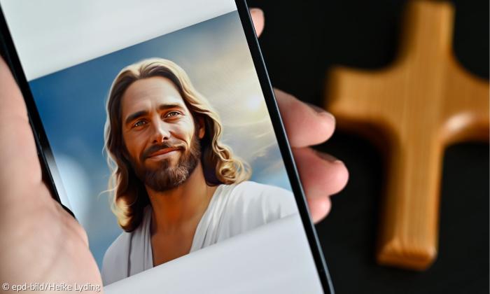 Ein Smartphone, auf dem ein gezeichneter Jesus zu sehen ist