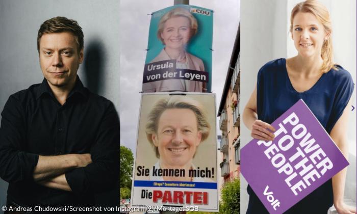 Ein Mann, zwei Wahlplakate (eins von der CDU, eins von Die Partei), eine Frau