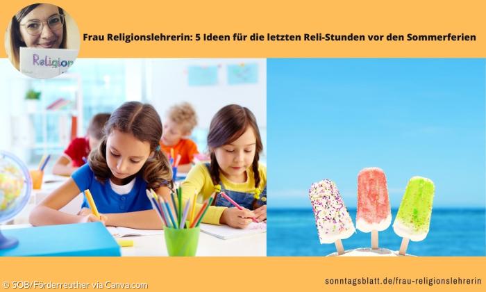Links sitzen Kinder in einem Klassenzimmer und malen, rechts sieht man drei Eis vor einem Ozean