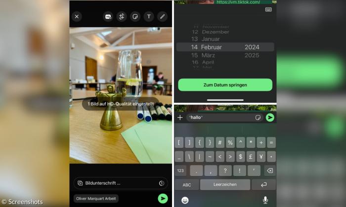 Mehrere Bildschirme, die WhatsApp-Verläufe zeigen