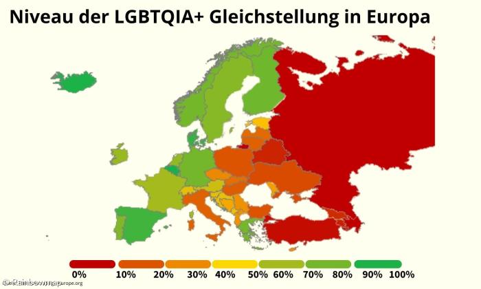 Eine Europakarte, auf der einige Länder grün sind, einige orange, einige gelb und andere rot