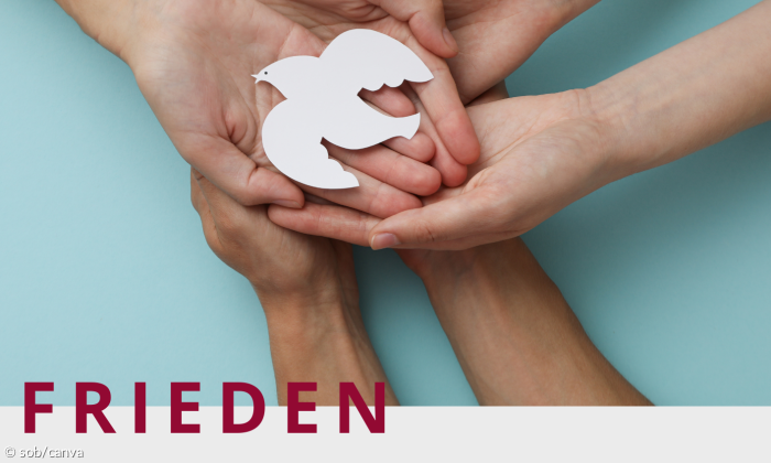 Deckblatt vom Reader "Frieden" mit einer Taube aus Papier, die in Händen liegt