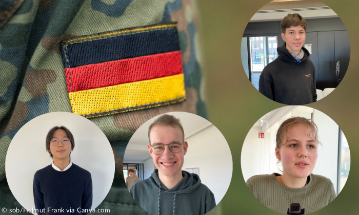 Collage von den sechs Schülerinnen und Schülern der Oberstufe des Lukas-Gymnasiums in München-Laim über den neuen Wehrdienst.