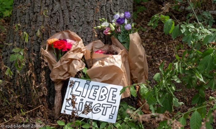 Blumen an einem Baum und ein Schild: "Liebe siegt!"