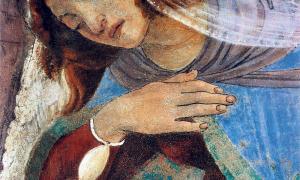 Sandro Botticelli (1445-1510), Mariä Verkündigung, 1481, Detail eines Freskos in der Kirche San Martino alla Scala, Uffizien, Florenz.