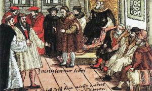 Martin Luther auf dem Wormser Reichstag 1521. Der Stich aus dem Jahr 1557 vermerkt erstmals Martin Luthers (lediglich) legendären Satz: »Hier stehe ich, ich kann nicht anders, Gott helfe mir, Amen.«