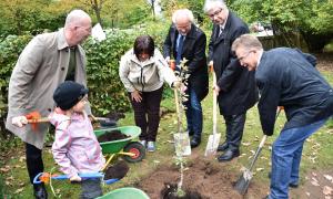 Pflanzaktion in Hirschaid. Gepflanzt wurde er von den Kindern, Kita-Leiterin Karin Krabbes, Fred Schäfer (Diakonie Bamberg-Forchheim, links), tatkräftig unterstützt von (v. l.) Bambergs Dekan Hans-Martin Lechner, dem stellvertretenden Bamberger Landrat Rüdiger Gerst und Hirschaids 3. Bürgermeister Hans Wichert. 