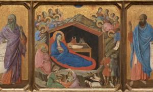 Duccio di Buoninsegna (1255-1319): Christgeburt mit den Propheten Jesaja und Hesekiel.