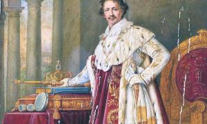 Ludwig I., König von Bayern, Gemälde im Krönungsornat von Joseph Karl Stieler, 1826 (mit der Collane des Hubertusordens). Rechts oben und schwer lesbar das Motto des Königs: »gerecht und beharrlich«.