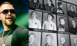 Kollegah, München 2015, und Häftlinge in Auschwitz-Birkenau