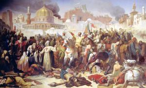 Die Eroberung Jerusalems durch die christlichen Kreuzritter am 15. Juli 1099 (Émile Signol, 1847).