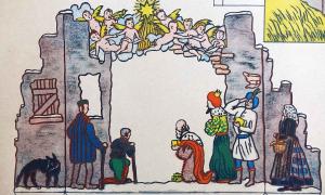 Ausschneidebogen einer Weihnachtskrippe nach dem Bombenhagel 1944 in Ulm