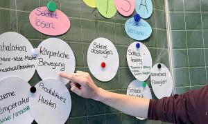 Metaplan-Karten an der Schultafel bei der Pflegeausbildung