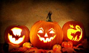 Drei Kürbisse mit Halloween-typischen Schnitzungen