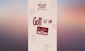 Titelbild von Vorstellungsgespräch mit Gott. Man sieht gezeichnet einige Tauben und Flammen. Außerdem steht oben "Vorstellungsgespräch mit Gott" und mittig "Gott ist wie ein Geist"
