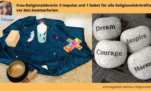 Links eine Decke, auf der eine Kerze, ein Kreuz und andere Gegenstände liegen. Rechts Steine, die mit "Dream" und "Inspire" beschriftet sind.