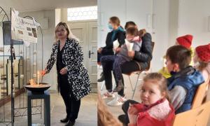 Links Pfarrerin Uschi Aschoff, rechts Geflüchtete aus der Ukraine