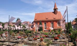 Flatternden, die Farben immer wieder verändernde Textilabschnitte auf dem Nürnberger Johannisfriedhof