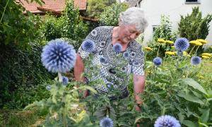 Eine Frau beugt sich über ein Blumenbeet