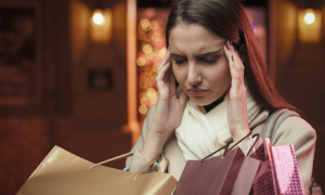Eine Frau mit Geschenktüten massiert sich die Schläfen