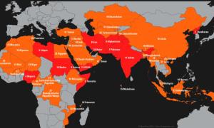 Eine Karte zeigt große Teile von Afrika, Europa und Asien