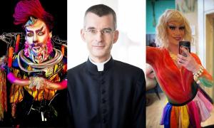 Drag King Eric BigClit, Priester Wolfgang Rothe und Drag Queen Vicky Voyage (v.l.n.r.)