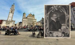 Porträtstich von Elias Holl, vom Augsburger Zeichner und Kupferstecher Lucas Kilian, 1619, vor Augsburger Rathaus und den Perlachturm