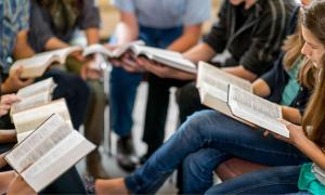 Junge Menschen lesen in aufgeschlagenen Bibeln
