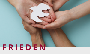 Deckblatt vom Reader "Frieden" mit einer Taube aus Papier, die in Händen liegt