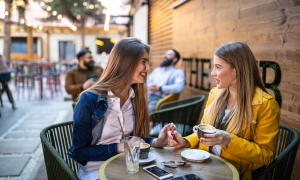Zwei Frauen sitzen im Café und unterhalten sich.