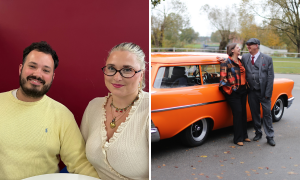 Paar: Johannes Brenig und Emily Stoll im Café und Paar: Uschi und Peter Hacker vor ihrem Oldtimer(v.l.n.r.)